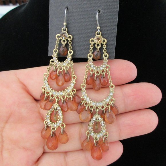 Liz Claiborne Chandelier Earrings faceted stones w/ rhinestones 3" Inches Long - Picture 2 of 4